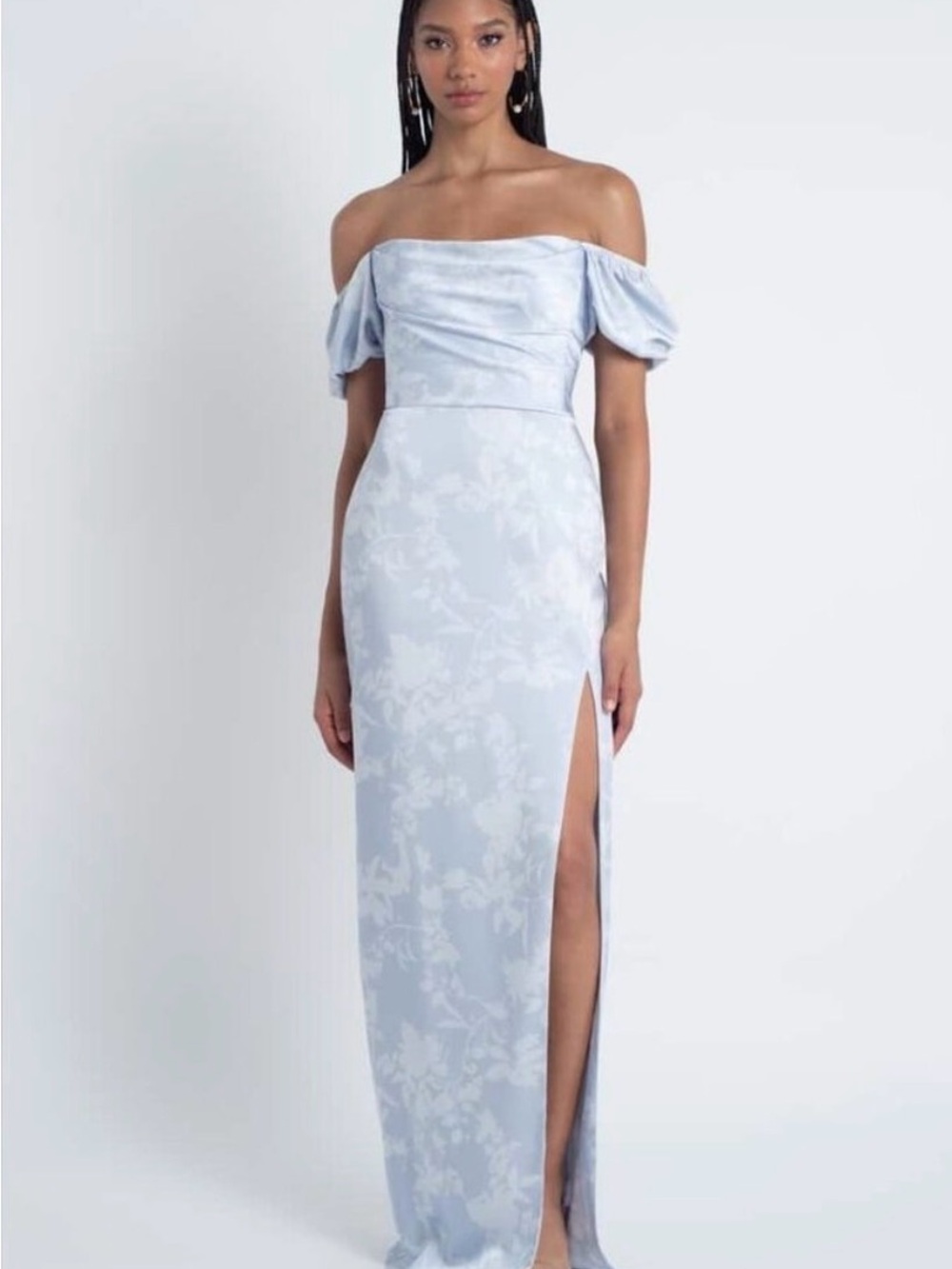 Jenny Yoo Whisper Blue Corsage Print Satin Gown Style Blakely Size 16